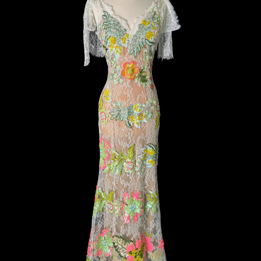 Brand New US 8 Elie Saab Lace Maxi Gown with Floral Appliques in Multi-Color